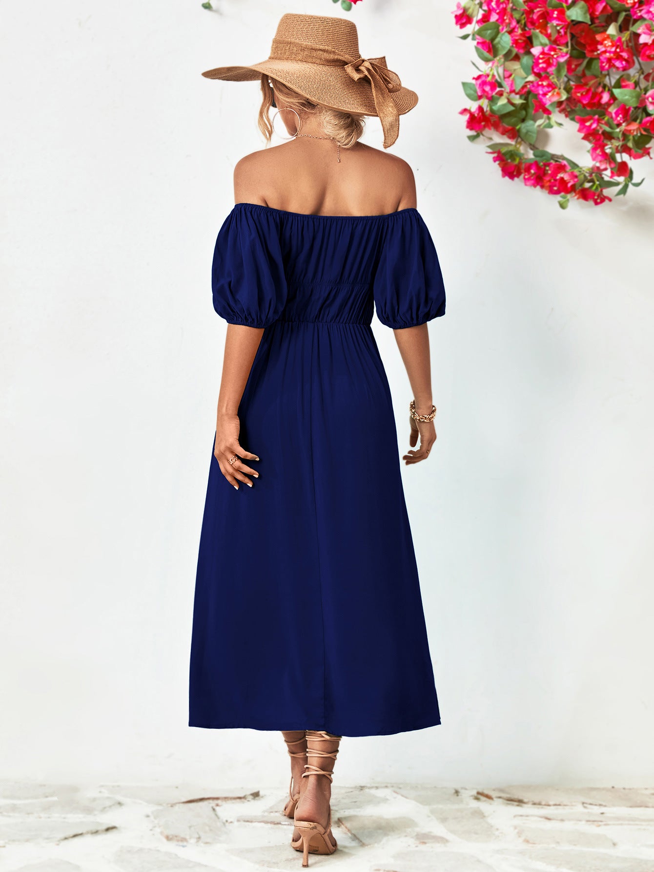 Off-Shoulder Balloon Sleeve Midi Dress Trendsi