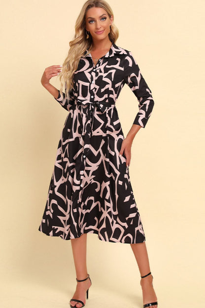 Printed Button Front Belted Midi Dress Trendsi