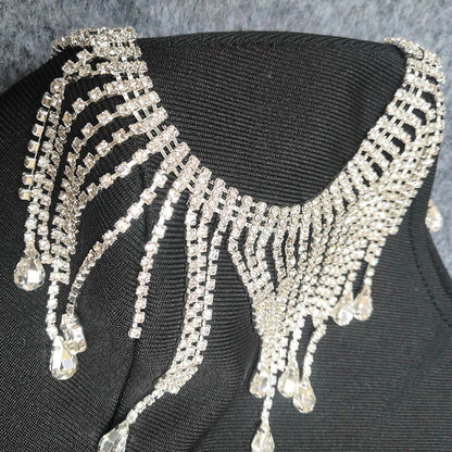 Diamond Chain Long Sleeve Dress Bandage-White aclosy