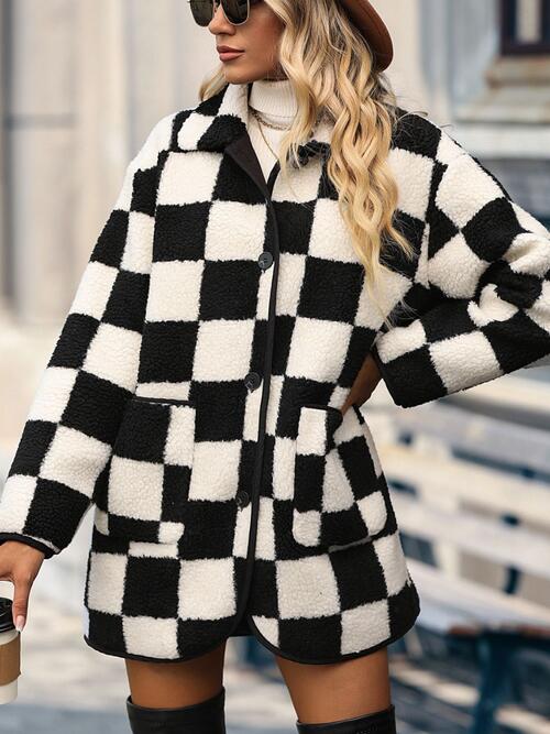 Double Take Plus Size Checkered Button Front Coat with Pockets Trendsi