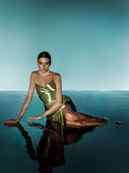 Satin V-neck Side Gathered Dress-Green aclosy