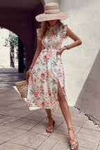 Floral Smocked Butterfly Sleeve Slit Dress Trendsi