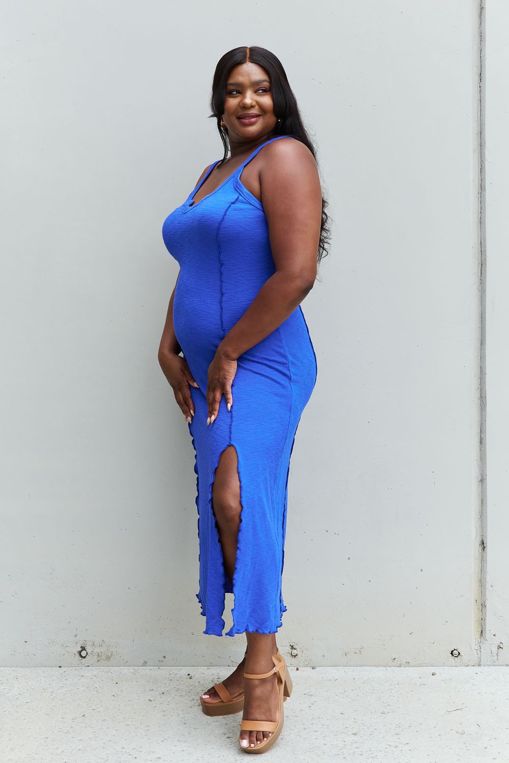 Culture Code Look At Me Full Size Notch Neck Maxi Dress with Slit in Cobalt Blue Trendsi