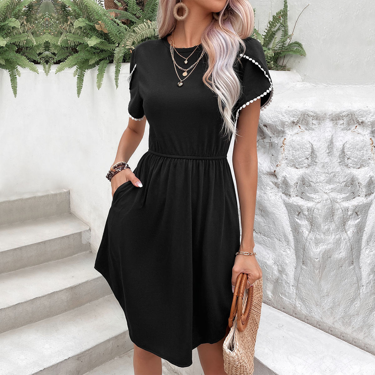 Round Neck Petal Sleeve Dress with Pockets Trendsi