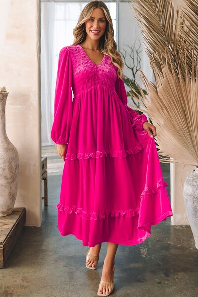 Frill V-Neck Balloon Sleeve Tiered Dress Trendsi