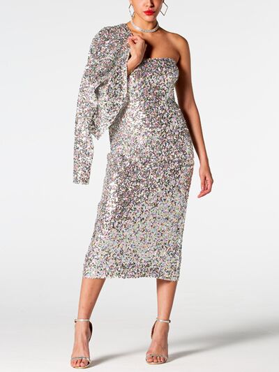 Sequin Cardigan and Straight Dress Set Trendsi