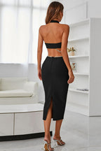 Rhinestone Halter Neck Cutout Slit Midi Dress Trendsi