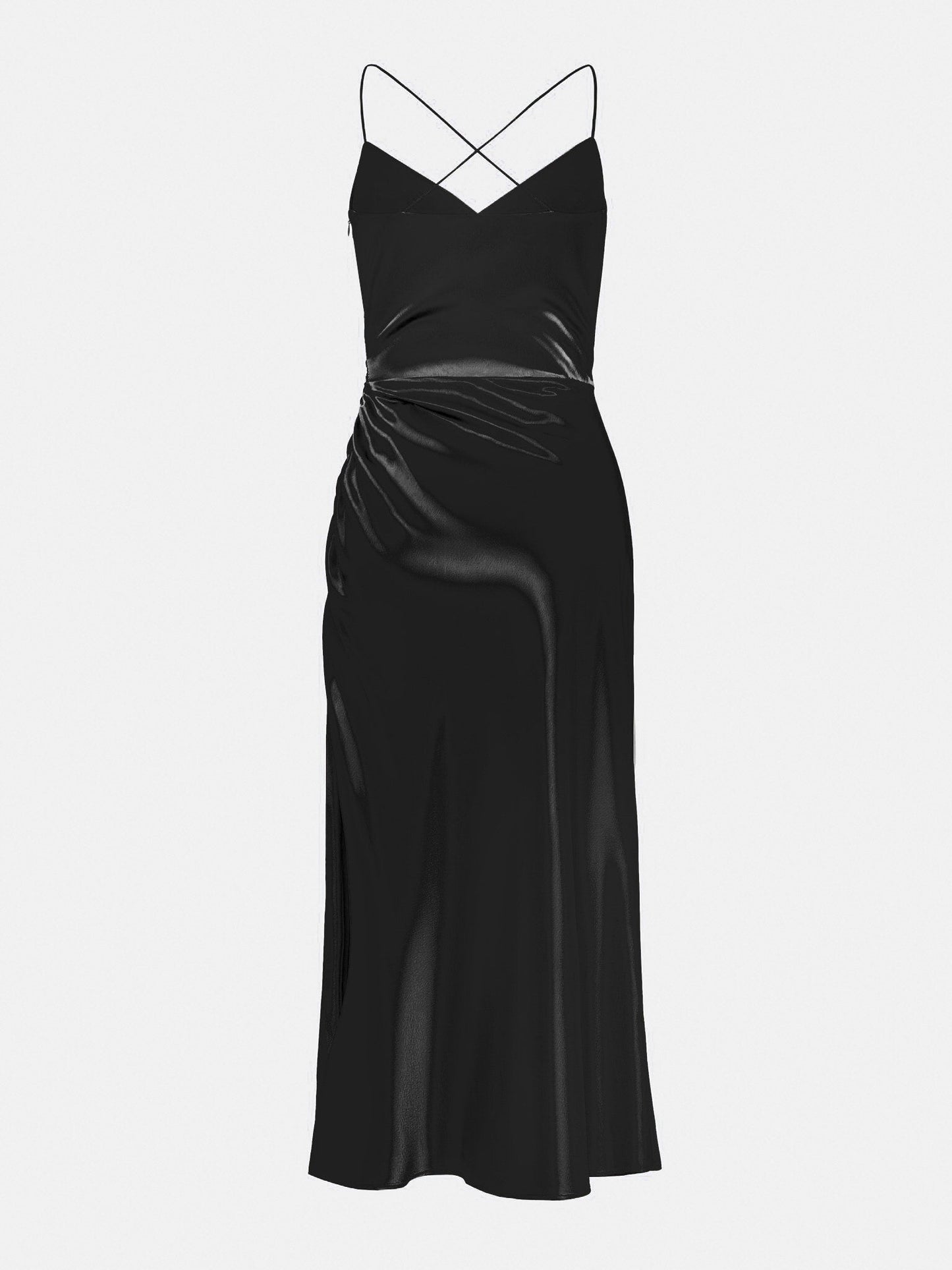 Satin V-neck Side Gathered Dress-Black aclosy