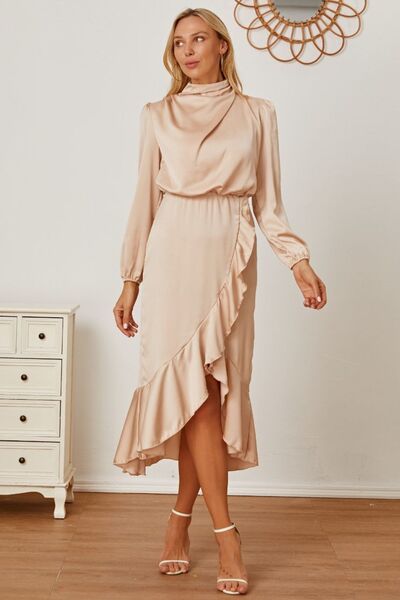 Mock Neck Ruffled Asymmetrical Dress Trendsi