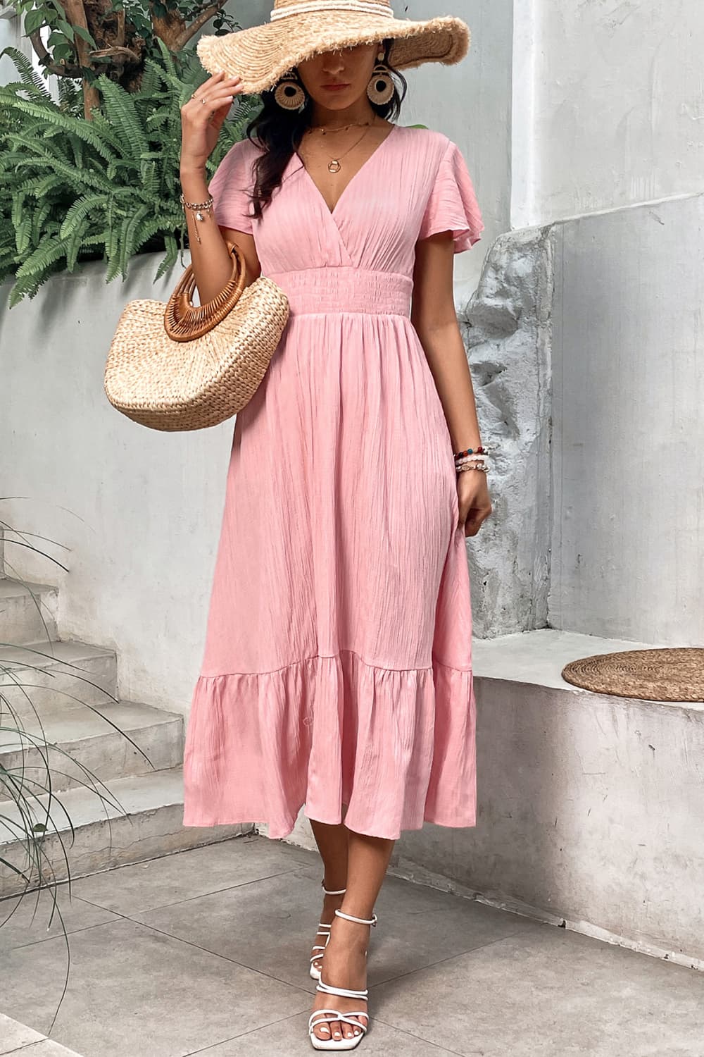 Surplice Neck Smocked Waist Flutter Sleeve Dress Trendsi