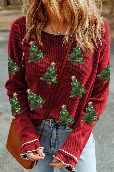 Christmas Tree Sequin Waffle Knit Long Sleeve Sweatshirt Trendsi