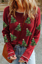 Christmas Tree Sequin Waffle Knit Long Sleeve Sweatshirt Trendsi