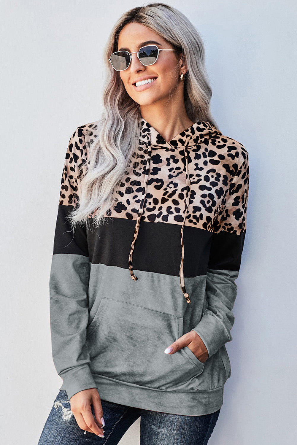 Leopard Color Block Hoodie Trendsi