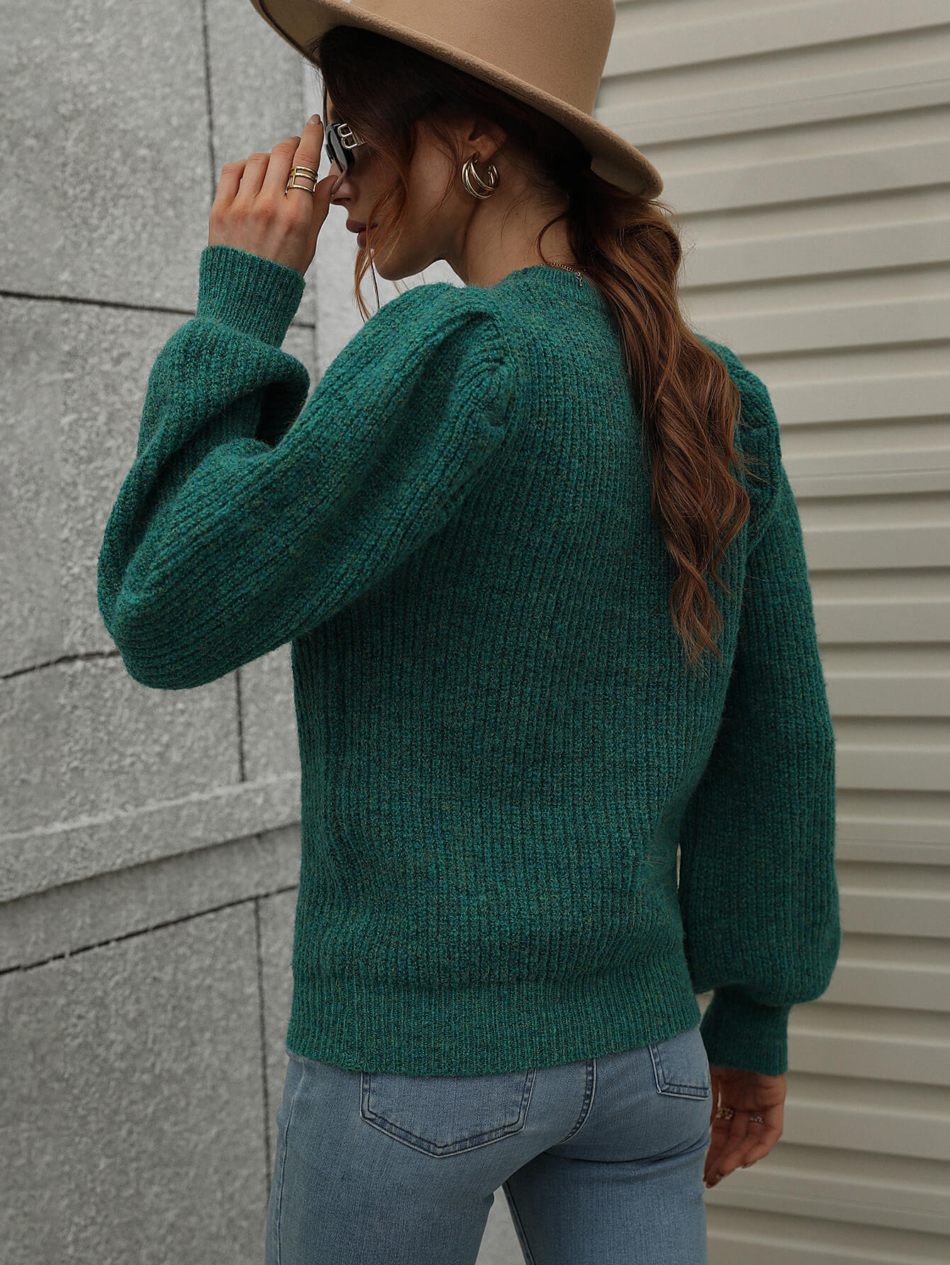 Heathered Long Lantern Sleeve Rib-Knit Sweater Trendsi