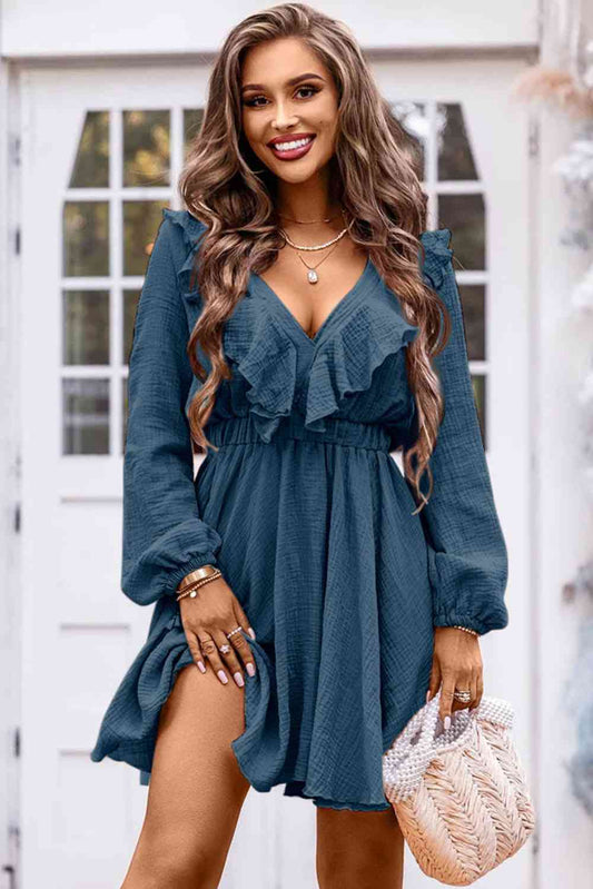 Ruffle Trim V-Neck Long Sleeve Mini Dress Trendsi