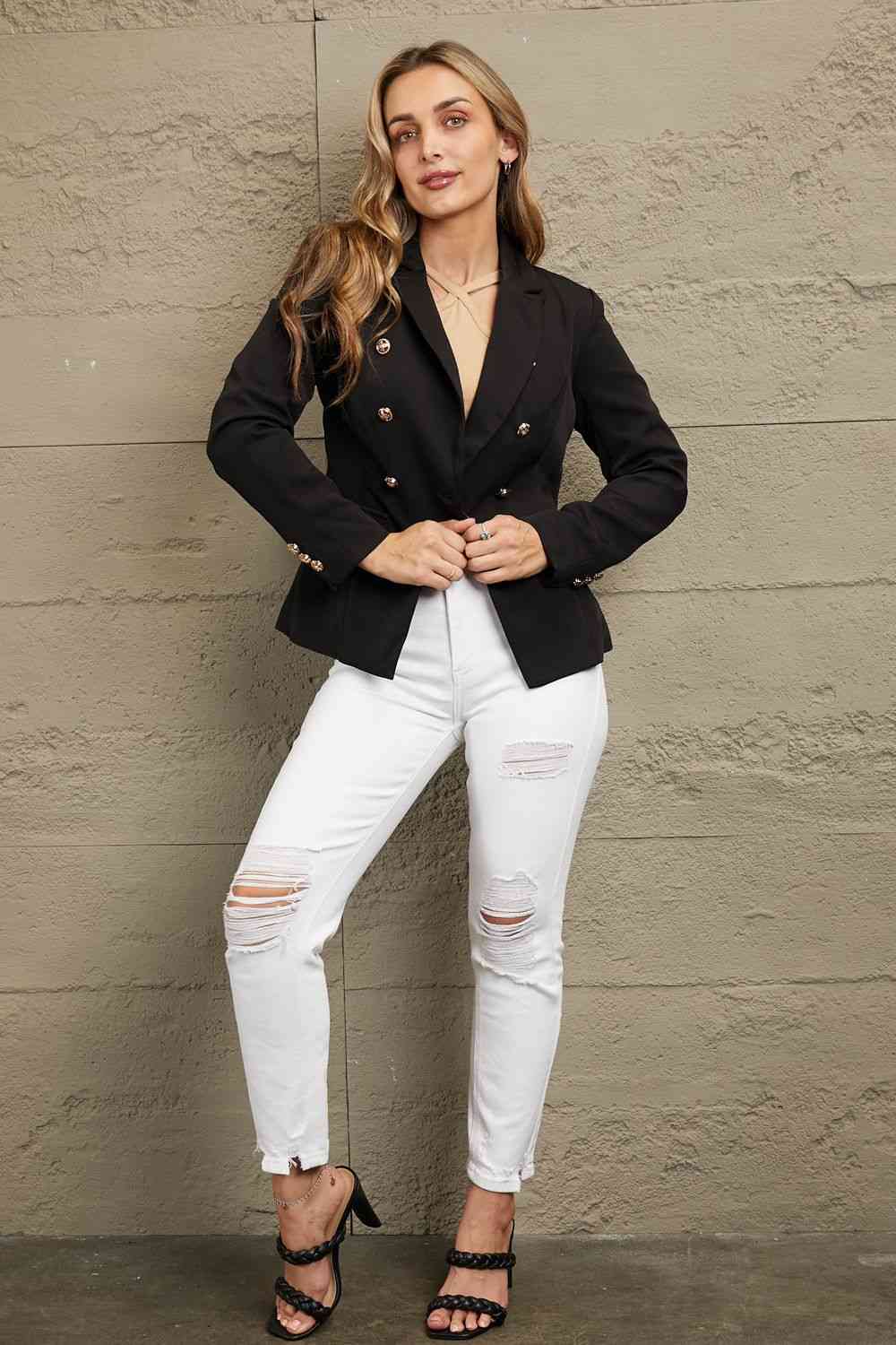 Double Take Double-Breasted Padded Shoulder Blazer Trendsi