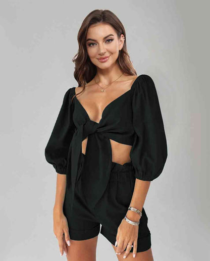 Cutout Puff Sleeve Top and Shorts Set Trendsi