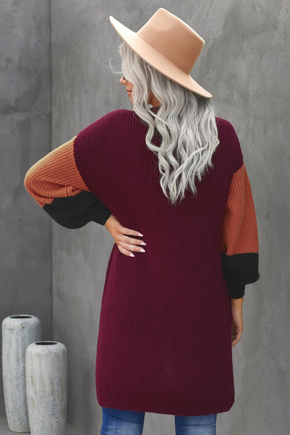 Color Block Rib-Knit Longline Cardigan with Front Pockets Trendsi