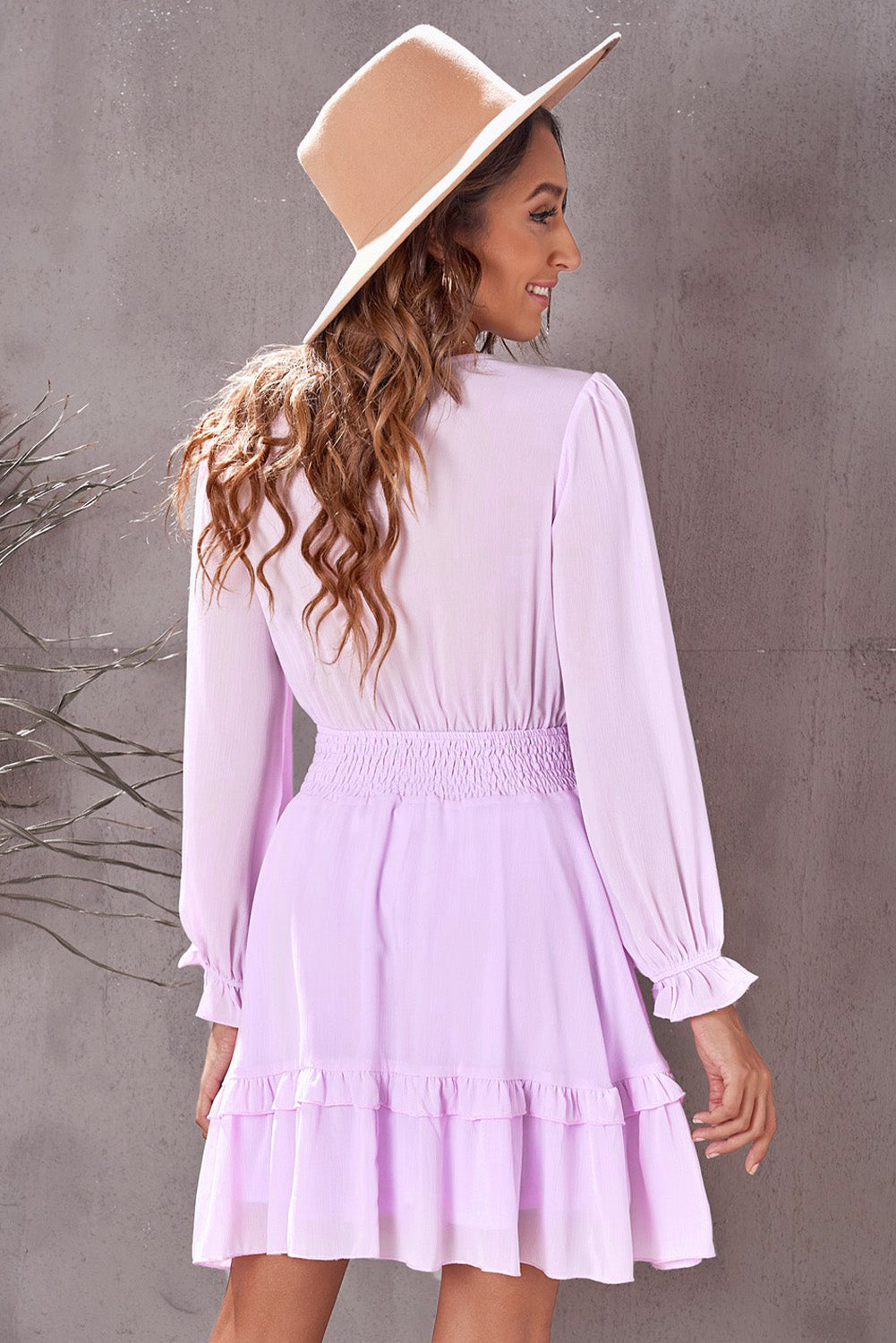 Tied Plunge Smocked Waist Flounce Sleeve Dress Trendsi