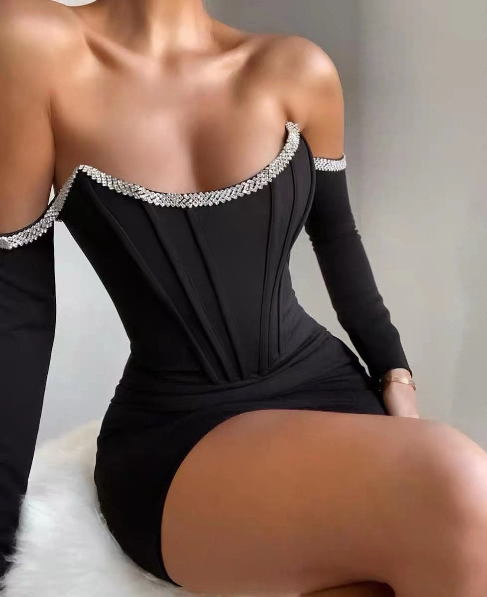 Diamond Long Sleeve Bandage One-piece Dress-Black aclosy