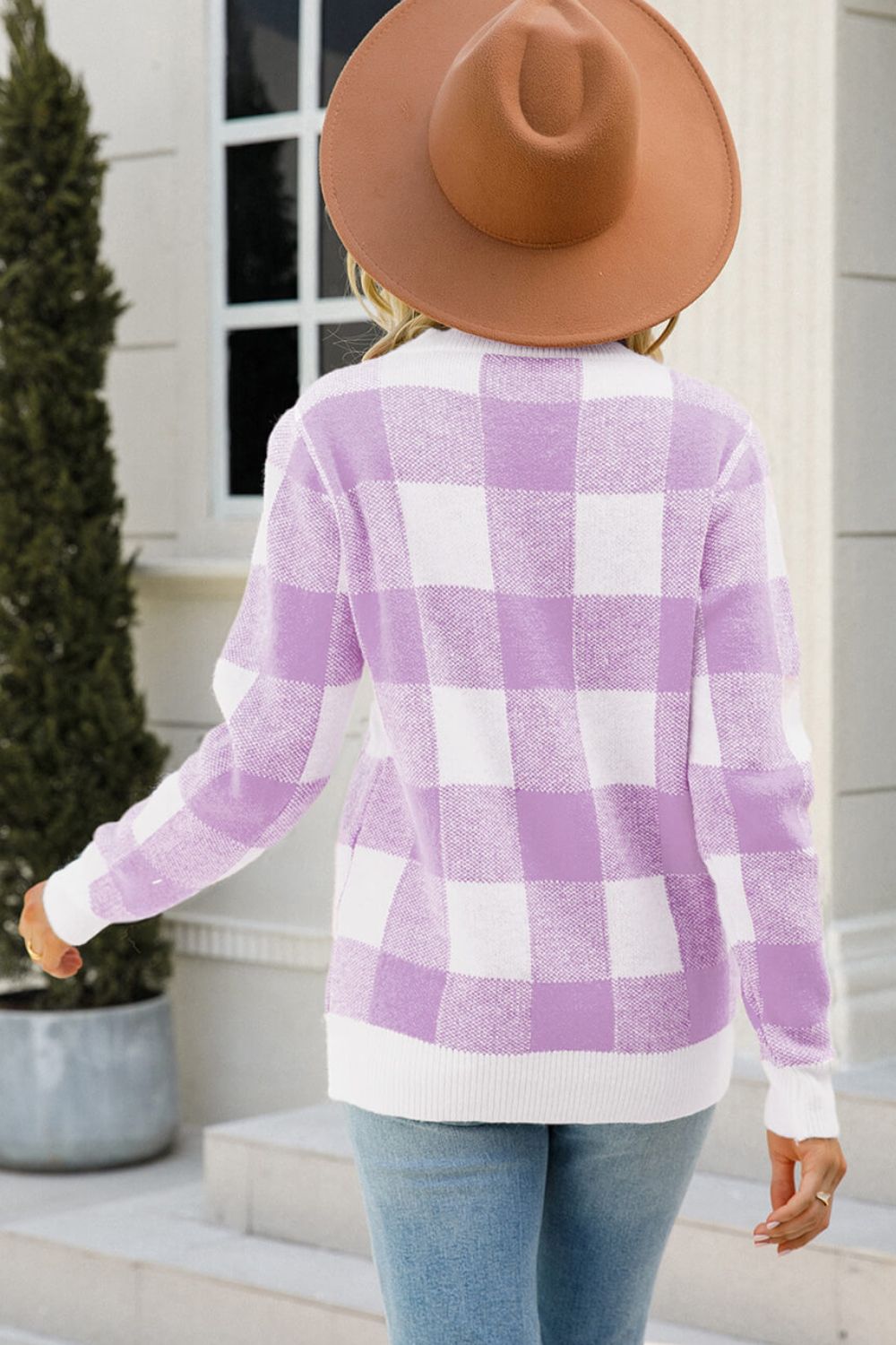 Checkered Ribbed Trim Knit Pullover Trendsi
