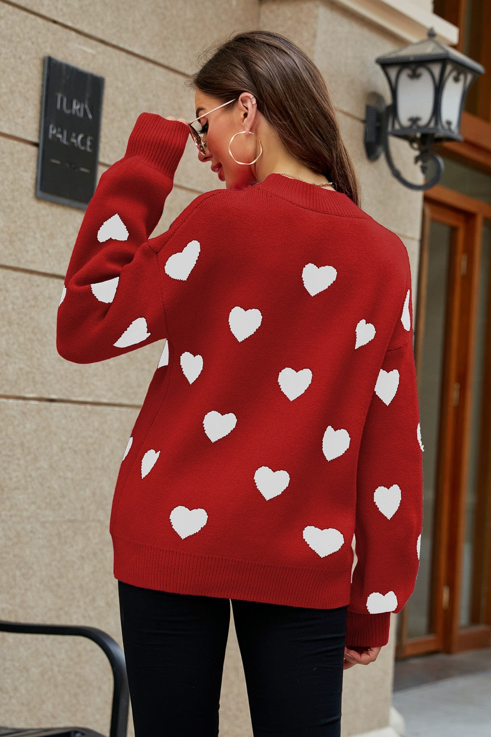 Heart Pattern Lantern Sleeve Round Neck Tunic Sweater Trendsi