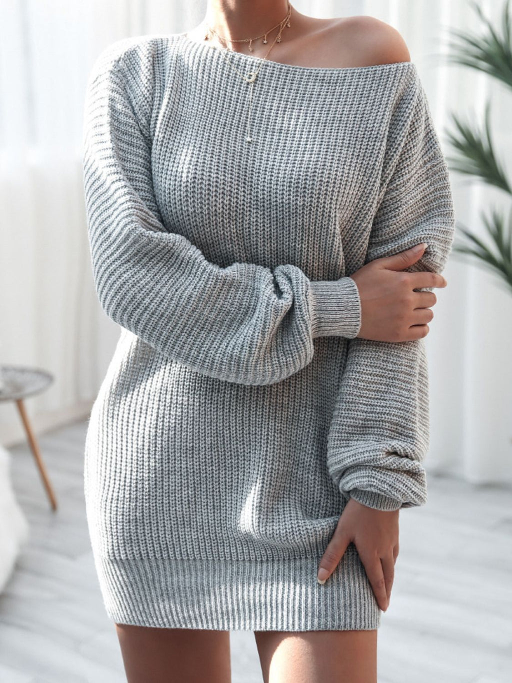 Rib-Knit Balloon Sleeve Boat Neck Sweater Dress Trendsi