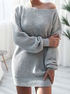 Rib-Knit Balloon Sleeve Boat Neck Sweater Dress Trendsi
