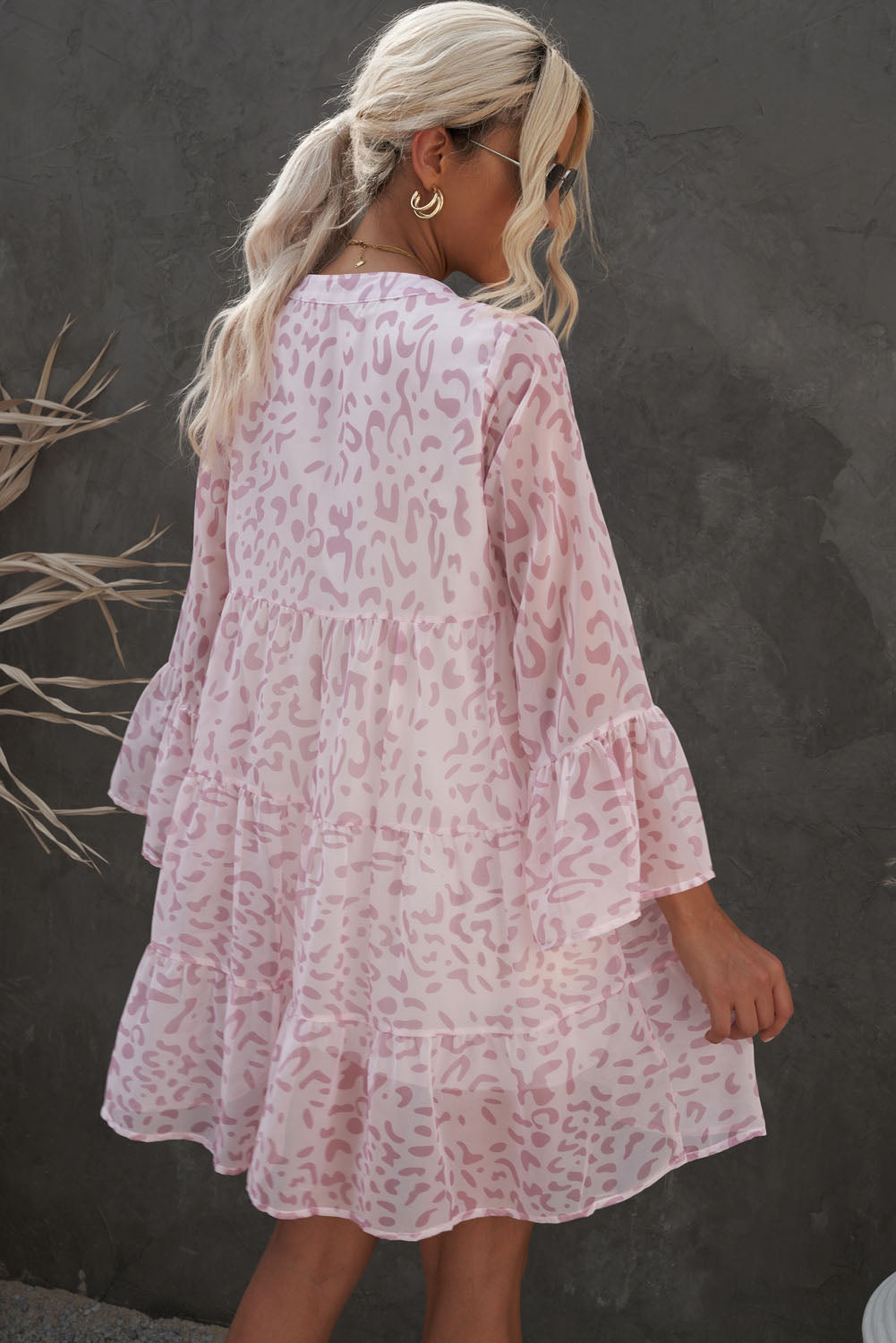 Printed Notched Neck Flare Sleeve Tiered Dress Trendsi