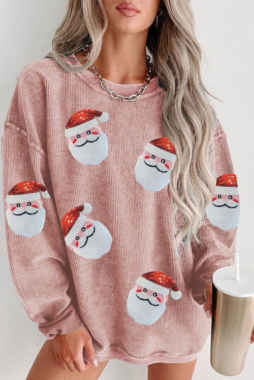 Sequin Santa Patch Ribbed Sweatshirt Trendsi