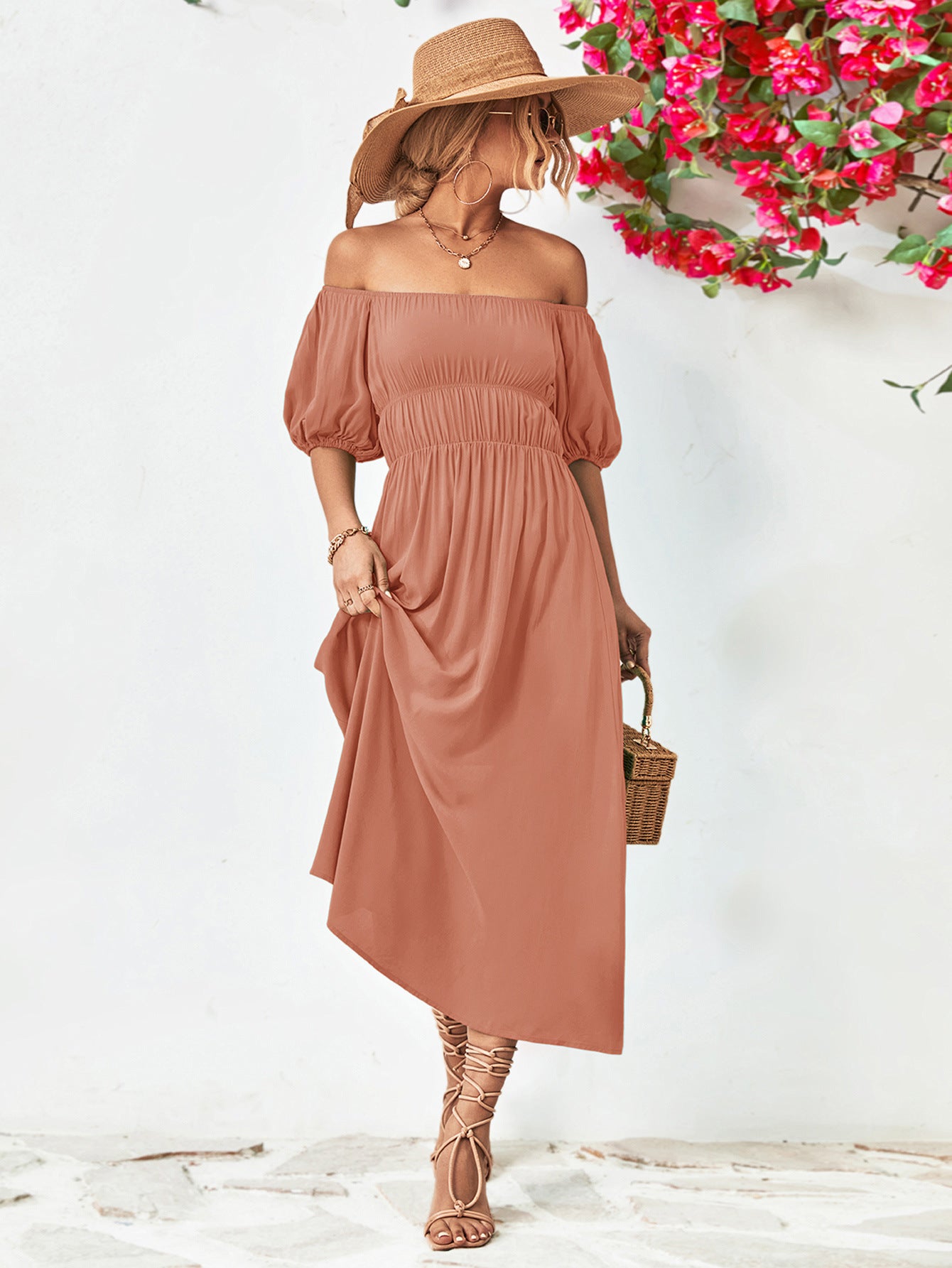 Off-Shoulder Balloon Sleeve Midi Dress Trendsi