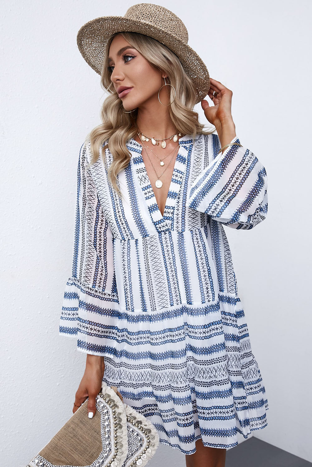 Printed Notched Neck Flare Sleeve Tiered Dress Trendsi