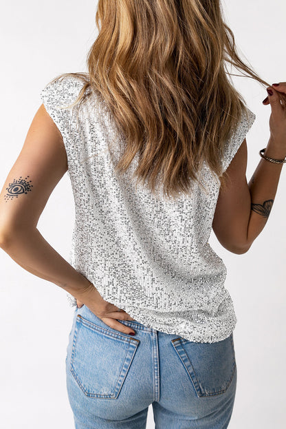 Sequin Round Neck Capped Sleeve Tank Trendsi