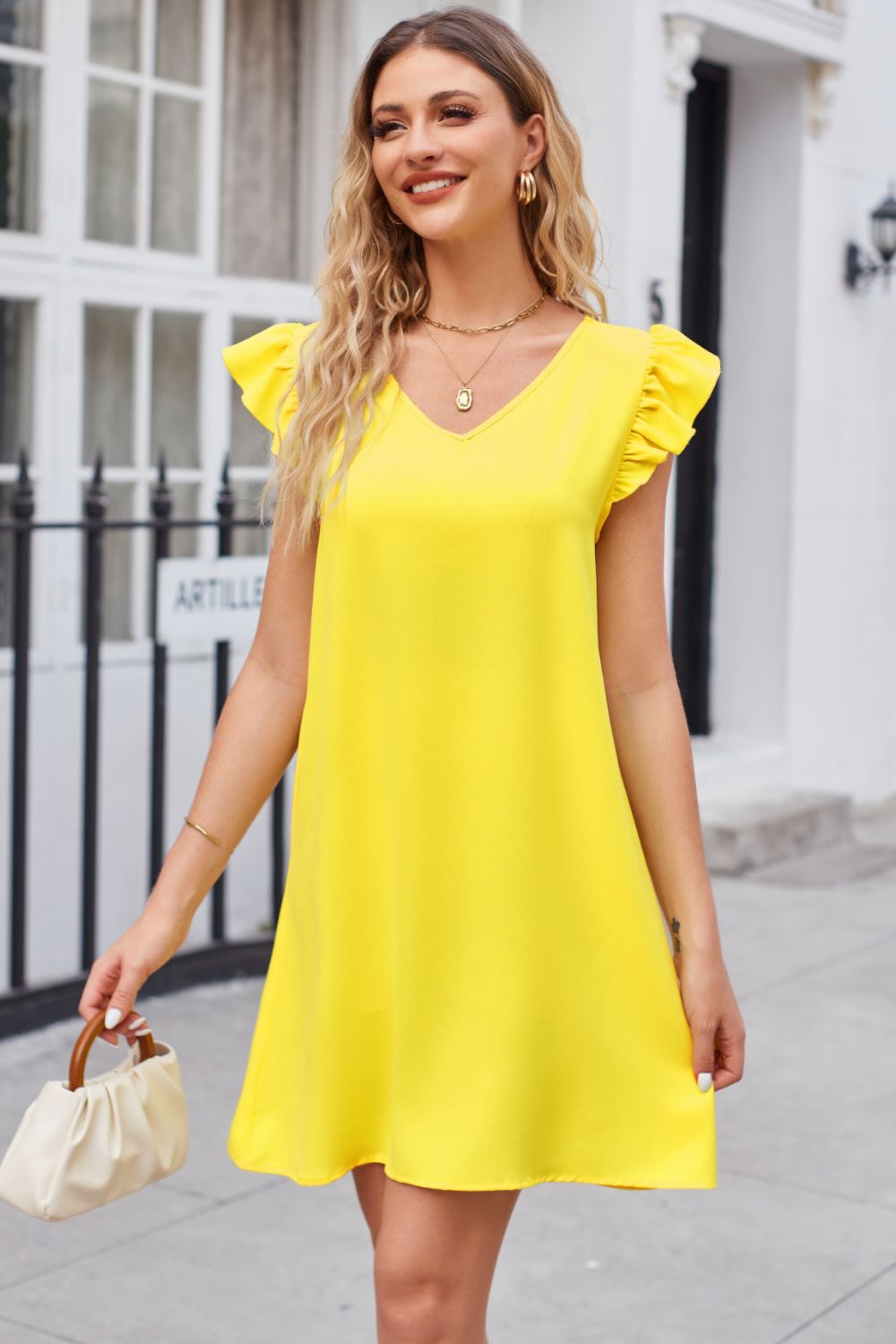 Ruffled V-Neck Flutter Sleeve Dress Trendsi