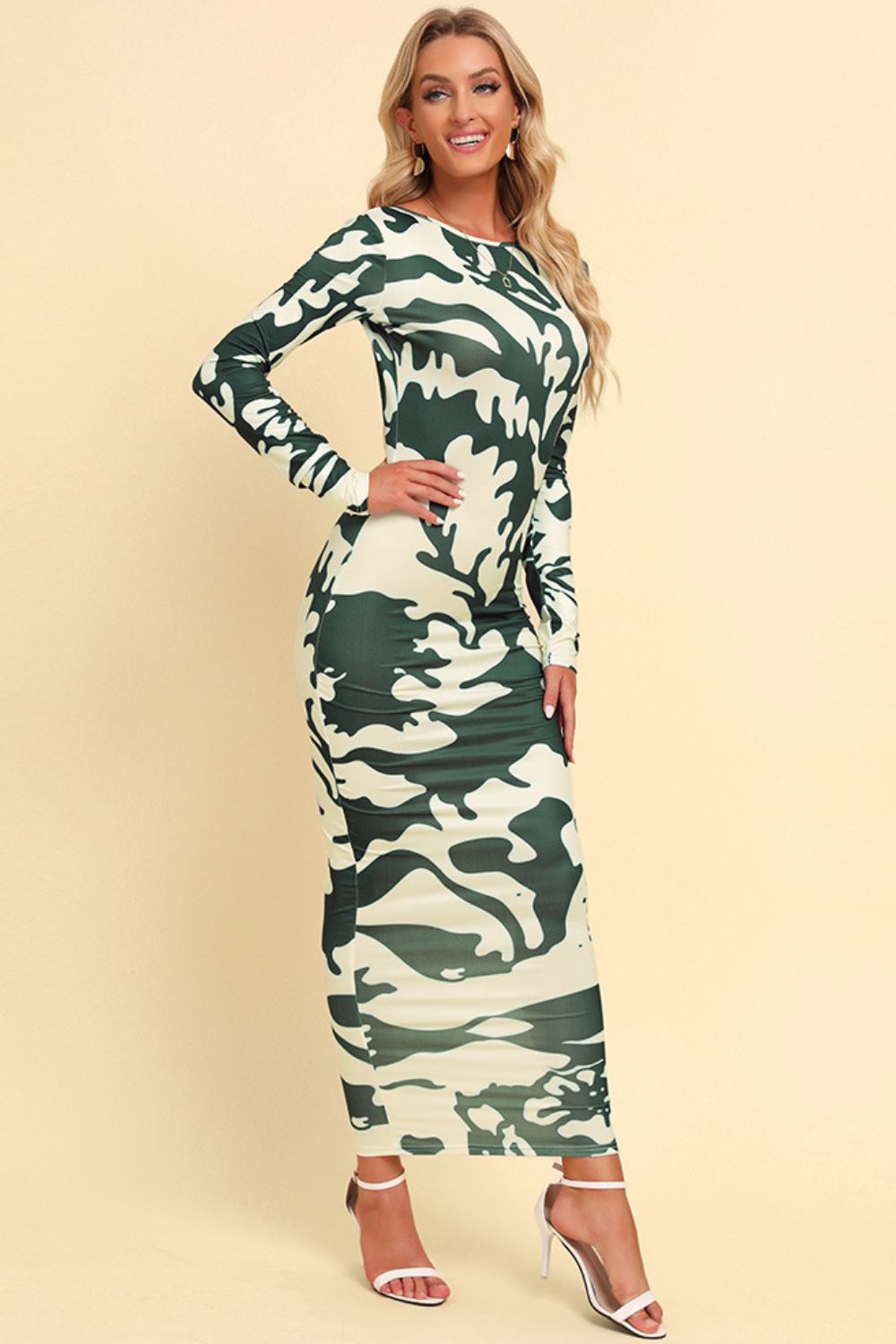 Printed Backless Long Sleeve Maxi Dress Trendsi