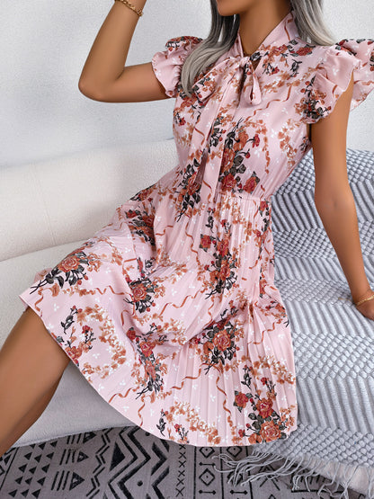 Pleated Floral Printed Tie Neck Knee Length Dress Trendsi