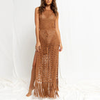 Lace-up Fringed Swimsuit Jacket Beach Long Skirt ACLOSY