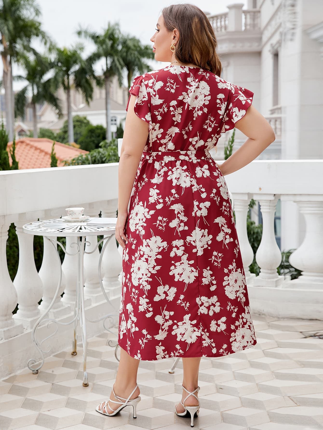 Plus Size Floral Tie Waist Surplice Neck Midi Dress Trendsi