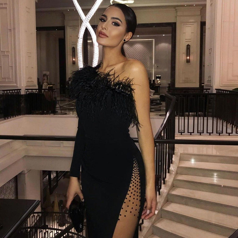 Fur One-shoulder Mesh Dress aclosy