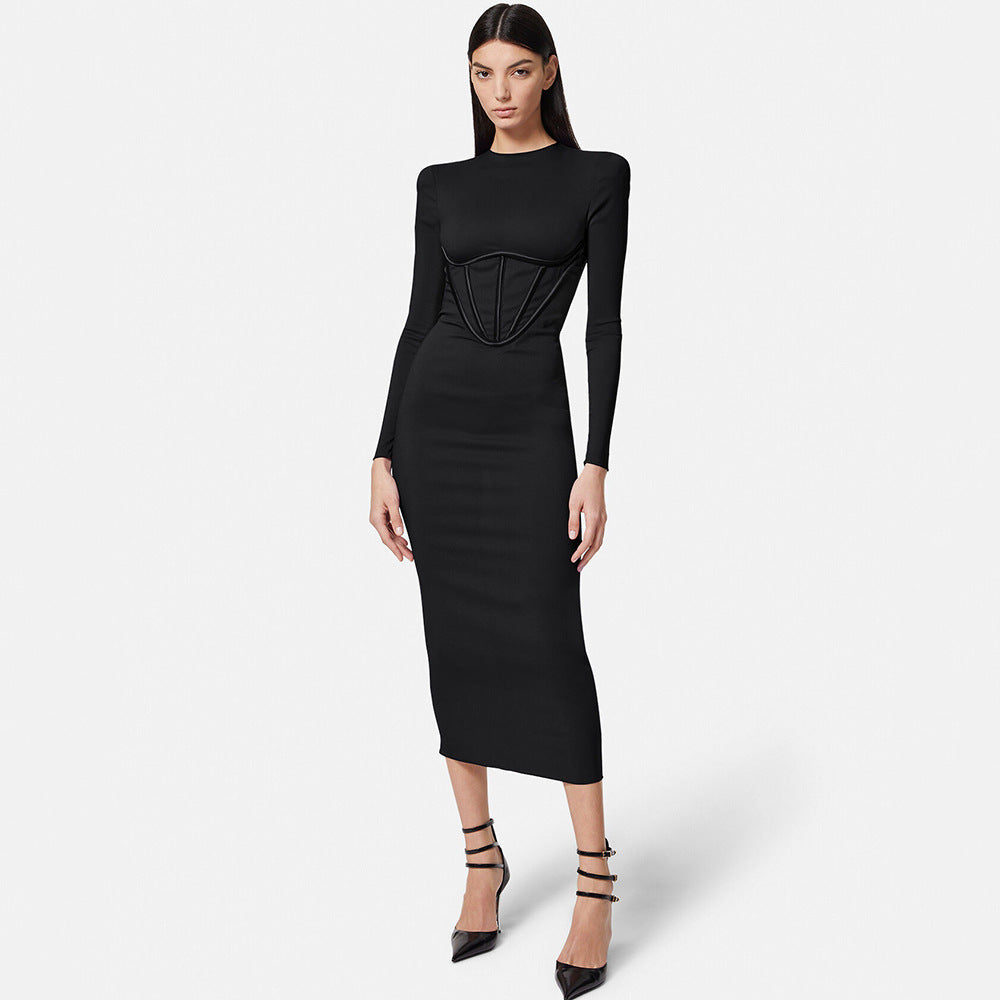 Winter New European And American Women's Black Long-sleeved O-neck Waist Stretch Dress aclosy