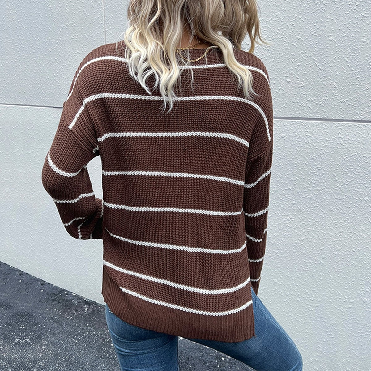 Striped V-Neck Slit Dropped Shoulder Sweater Trendsi