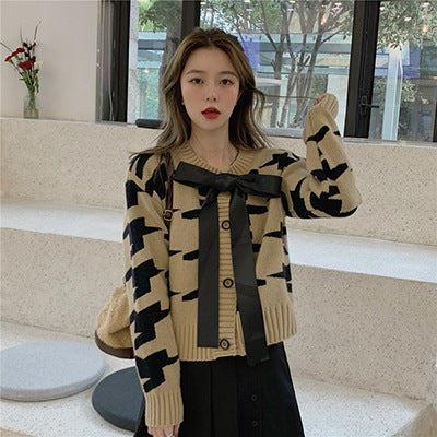 Sweet Bow Round Neck Contrast Color Retro Sweater Coat New In