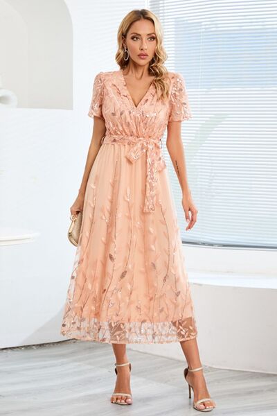 Sequin Leaf Embroidery Tie Front Short Sleeve Dress Trendsi