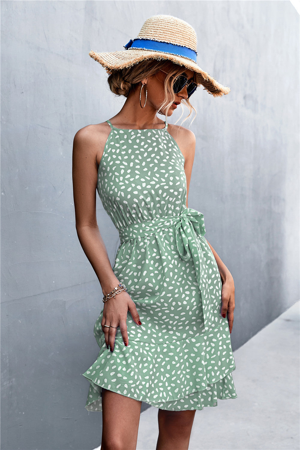 Printed Tie Waist Ruffle Hem Sleeveless Dress Trendsi