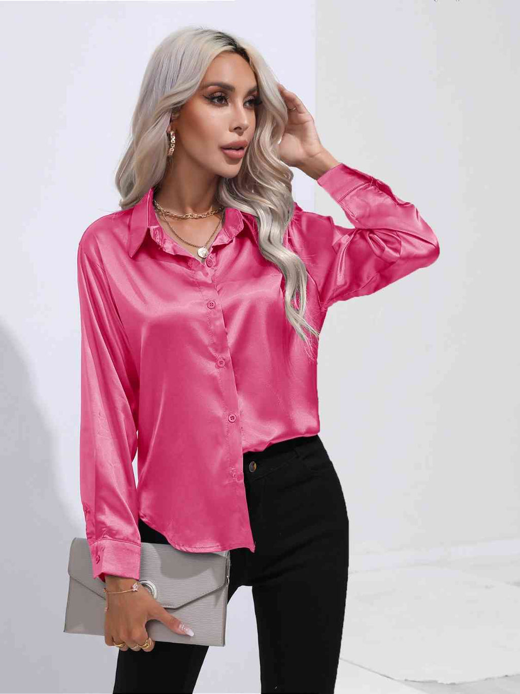 Collared Neck Buttoned Long Sleeve Shirt Trendsi