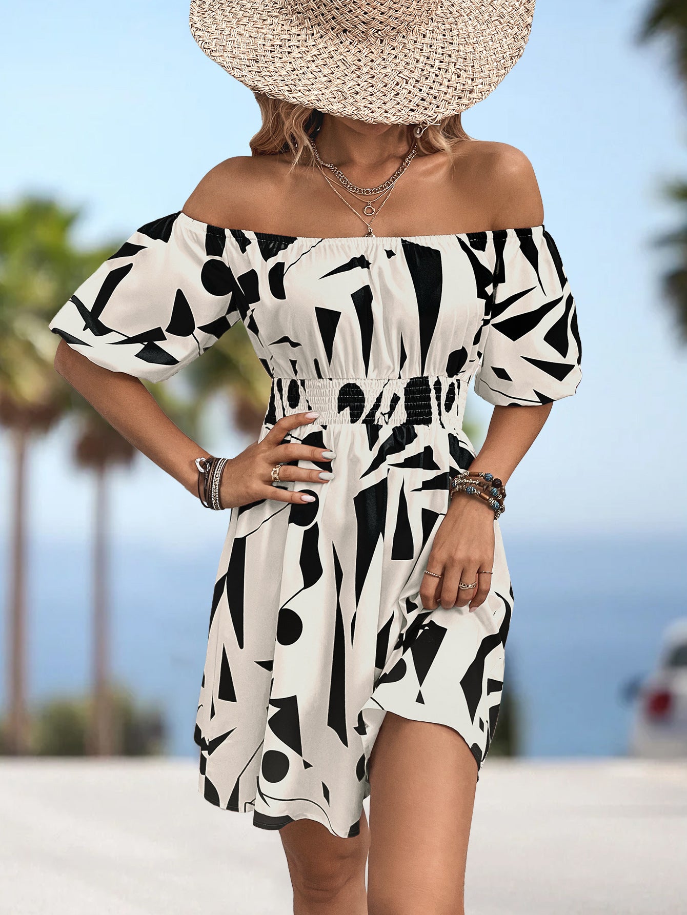 Printed Off-Shoulder Smocked Waist Dress Trendsi