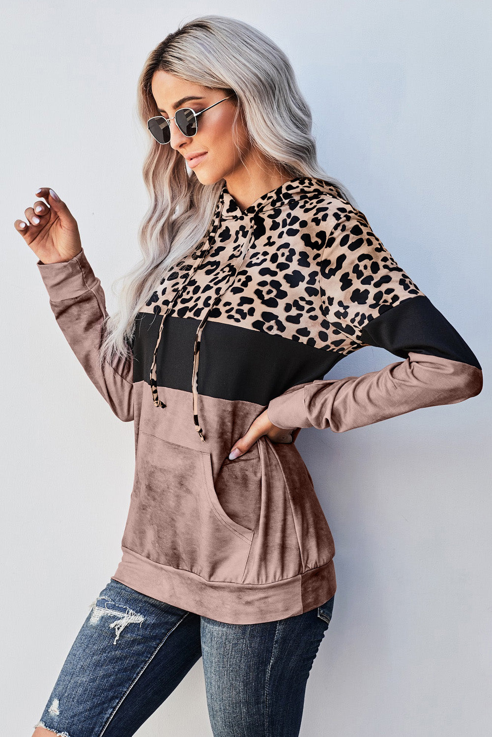 Leopard Color Block Hoodie Trendsi