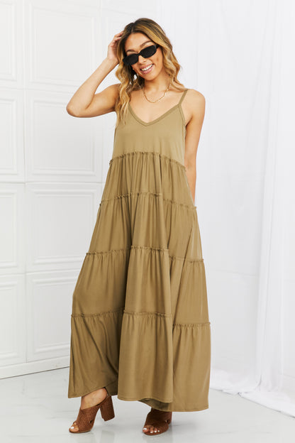 Zenana Full Size Spaghetti Strap Tiered Dress with Pockets in Khaki Trendsi