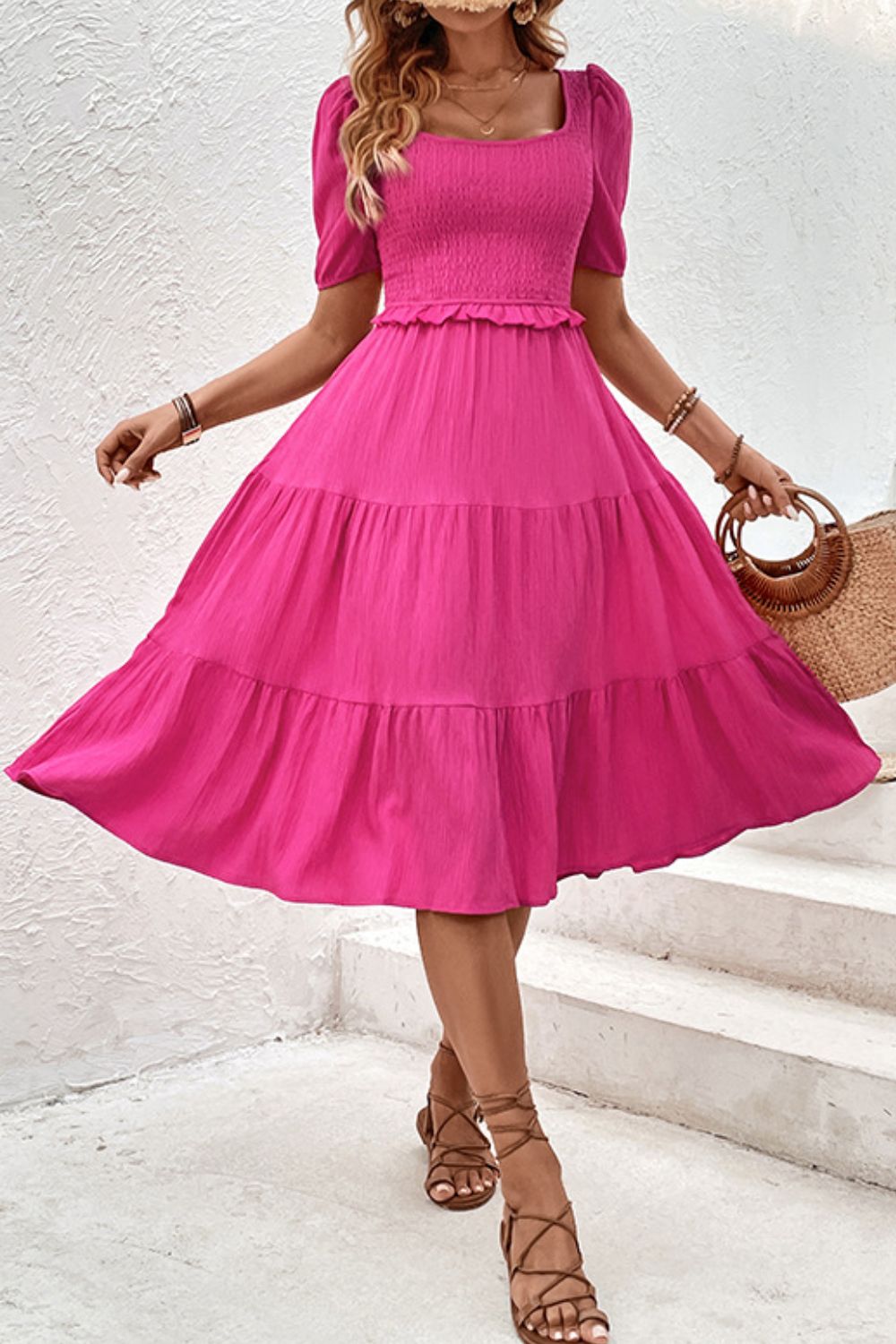 Square Neck Puff Sleeve Cutout Dress Trendsi