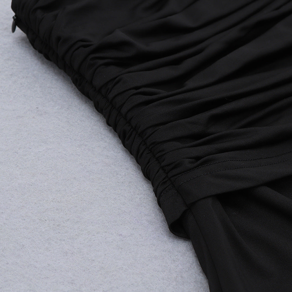 Slanted Shoulder Pleated Hepburn Black Dress aclosy